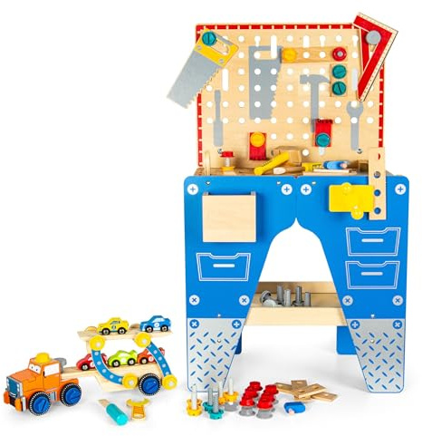 Leomark 2in1 Holz Werkbank für Kinder Kinderwerkstatt mit 123 Zubehörteilen + Abschleppwagen mit Autos – Lernspielzeug Werkzeugbank ab 3 Jahren, Höhe 80,5 cm Werkstation