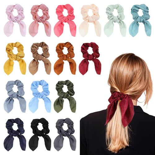 16 st hårsnoddar med rosett i massivt sidenkaninöron, scrunchies, elastiska hårband med rosettrep, hästsvanshållare, satin, frisyr, tillbehör, semestergåvor för kvinnor flickor (16 färger)