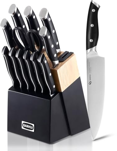 SANHUI 13 Pieces Knife Set with Wooden Block – Built-in Sharpener | High Carbon Stainless Steel Kitchen Knife Sets with Knives,Steak Knives, Scissors for Cooking,Professional Chef,Home Use