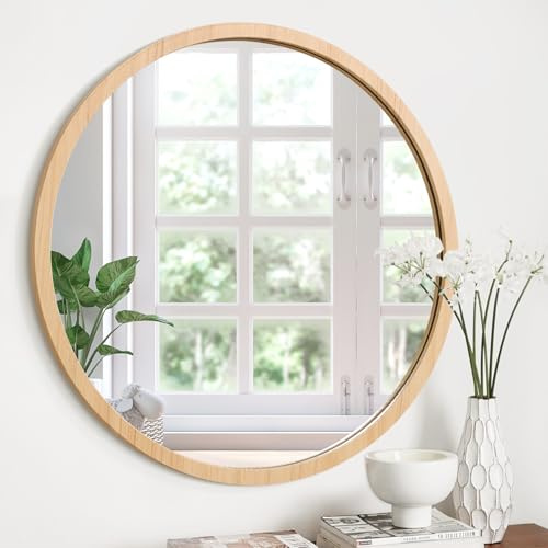 JJUUYOU Kleiner dekorativer runder Spiegel mit Holzrahmen zur Wandmontage, runder Vintage-Spiegel für Schlafzimmer, Badezimmer, Wohnzimmer und Eingang, Leinen