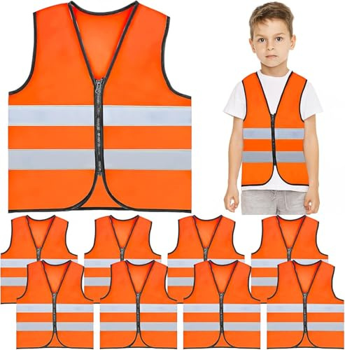10 Pcs Kids High Vis Vests, Orange Children’s High Visibility Safety Vests | Kids Reflective Safety Waistcoats with Zipper for School Trips, Preschool, Cycling and Outdoor Play