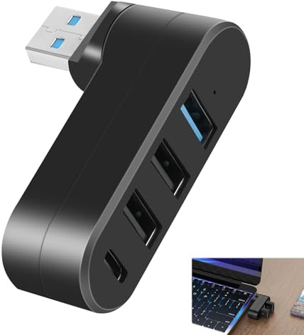 Divisor USB 3.0 Giratorio, Hub USB Rotación 90°/180°, 4 Puertos con 2 Puertos 2.0, 1 Puerto 3.0+1 Puerto C, Extensor para Portátil, PC, Xbox, MacBook, iMac, Mac Pro, Compatible con Dispositivos Tipo C