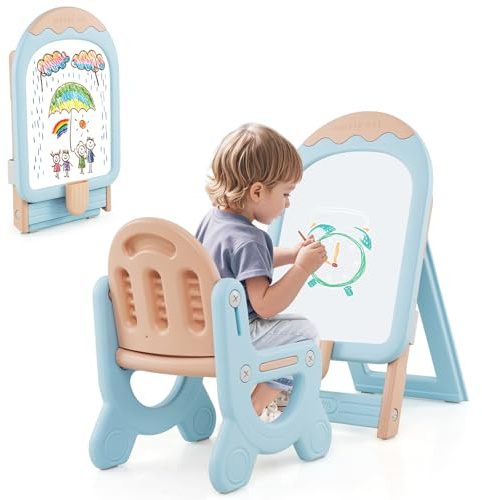 RELAX4LIFE Lavagnetta Cancellabile Bambini Pieghevole con Sedia, Altezza Regolabile, Cavalletto con Lavagna Bianca, Scatola Portaoggetti, Gomma e Pennarelli, Set da Disegno per Bambini 1+ Anni (Blu)