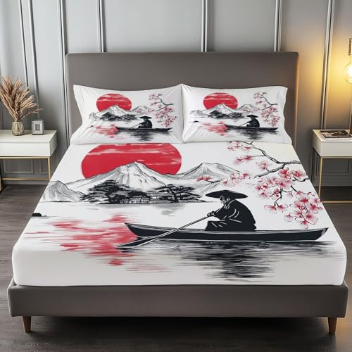 Sábana Bajera Ajustable 90x190 cm, Japón Flor De Cerezo Puesta De Sol de Microfibra Cepillada para Colchón 30cm de Altura Tejido Suave Transpirable Hipoalergénico y Antiácaros, Crema