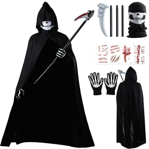 BBWELL Costume da tristo mietitore,Costume di Carnevale,costumi halloween,maschera con teschio con mantello Sensemann,Halloween,falce e guanti,costume da teschio unisex per cosplay Halloween Carnevale