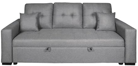 Duérmete Online - Sofá Cama de 3 Plazas Modelo Marlo, Diseño Moderno, Cómodo, Práctico y Funcional, con Reposabrazos y 2 Cojines Decorativos de Regalo, Gris