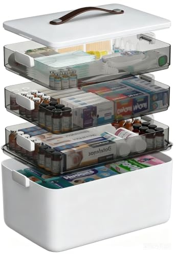 Kezidhp Caja Medicamentos, 4 capas, organizador portátil con asa de cuero, para botiquín familiar, aficiones, costura y materiales de manualidades