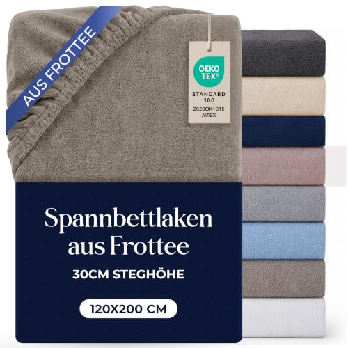 Dreamzie Frottee Spannbettlaken 120x200cm - 80% Baumwolle, 20% Polyester - Mütze 30 cm - Bettlaken 120x200 Taupe, Bügelfrei & Elastisch - Oeko-Tex