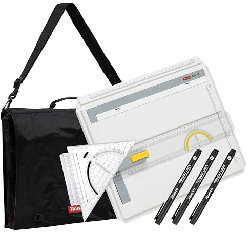 Aristo VD87140 Zeichenplatten Set 1 - Zeichenplatte A4, Carry Bag uvm. | AR70442 Geo Board Zeichenplatte A4, AR7090 Schnellzeichendreieck, AR7064 Carry Bag schwarz, AR23513 College Pigmentliner Set