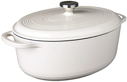 Lodge Oyster White Enameled Cast Iron Oval Casserole Dish with Lid Double Handles Oven Safe to 500 F or Stovetop for Marinating, Cooking, Baking, Cooling and Serving, Oyster White