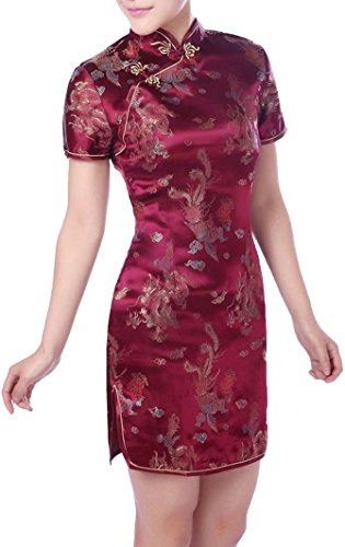 UK Seller Burgundy Dragon & Phoenix Chinese Short Mini Evening Party Dress Cheongsam Qipao Despatch Same Working Day (UK 10)