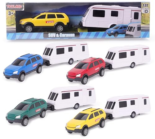 Toyland®Auto mit abnehmbarem Wohnwagen - 1:32 Maßstabsgetreues Freilauf-SUV mit Anhänger – Sammler-Spielzeugfahrzeug für Kinder - 1 zufällig ausgewählt - In 4 Farben erhältlich - Ab 3 Jahren