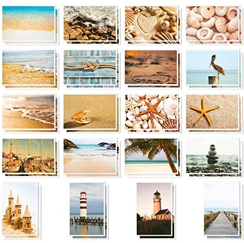 BEST PAPER GREETINGS 40-Count Postcards for Mailing - 4 x 6 In 250gsm Glossy Cardstock - Beige, Brown & Orange - 20 Nautical Seaside Designs - USPS Ready - Bulk Beach & Ocean Themed Postcards