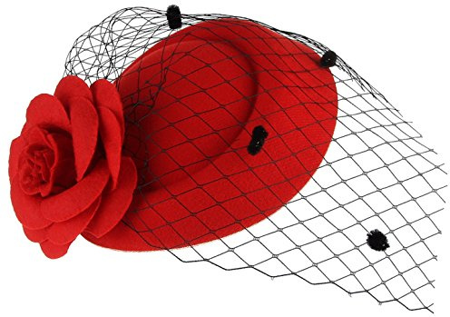 MARRYME Fascinateur Femme Chapeau Bibi Voilette Pince à Cheveux Fleur Coiffure Cérémonie Mariag (Rouge)