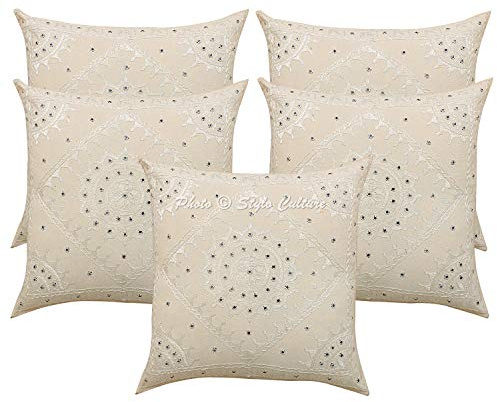 Stylo Culture Boho Forros para Cojines Decorativos 60x60 cm Algodón Espejado Fundas De Almohadones Sofa Blanquecino 24x24 Inch Bordado Cuadrado sobre Funda Cojin Silla - 5 Pcs