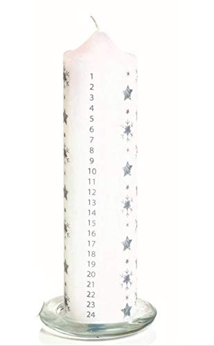 Premier Decorations Vela de Adviento de Cera con Soporte de Vidrio Pilar Blanco con Estrellas Plateadas y Copos de Nieve