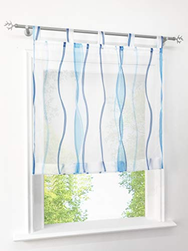 Voile Raffrollo mit Wellen Druck Design Rollos Schlaufen Transparent Vorhang (BxH 80x140cm, Blau)