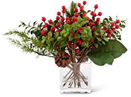 K&K Interiors 14 Inch Magnolia Boxwood and Fir Premade in Glass Vase with Berries and Pinecones, Green and Red