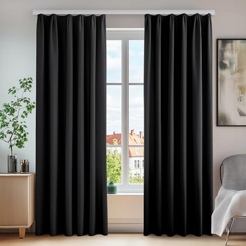 Deconovo Verdunkelnde Vorhänge mit Kräuselband für Schiene Gardinen Schwarz | 2er Set, H 160 x B 140 cm, Thermovorhang Hitzeschutz, Schlafzimmer, Lärmschutz, Wärmehaltung, Wohnzimmer Deko, Schienensystem