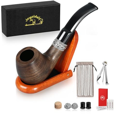 Joyoldelf Smoking Pipes, Vintage Ebony Smoking Pipe with Pipe Stand, 3-in-1 Pipe Scraper, 9mm Pipe Filters, Other Smoking Accessories