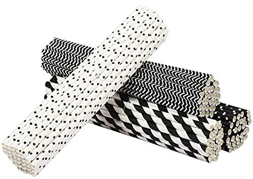 TGFIX 120 pcs Schwarz-weiß gestreifte Papierstrohhalme Punkt Strohhalme Papier Trinkhalme für Hochzeit, Geburtstag, Cocktail Feier Partyzubehör