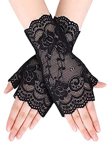GIVBRO Blumenspitze Handschuhe fingerlose Fäustlinge Vintage Braut Handschuhe Zubehör für Frauen Verkleidung Tanzparty Bars Hochzeit Dress Up Schwarz