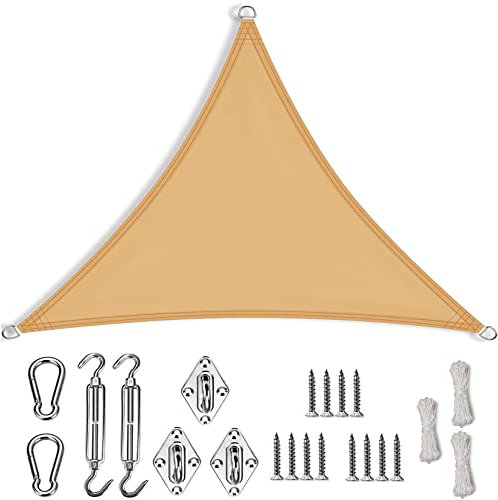 RYNS Voile D‘ombrage Triangulaire 4x4x4m 95% UV et Tissu Imperméable Polyester Toile d'ombrage avec Kit de Montage Corde Libre pour Extérieur/Terrasse/Jardin, Couleur Crème
