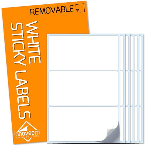 Innoveem Sticky Labels No Residue, Easy Peel Removable Waterproof White | 42 reusable write on labels, 100x50mm, for storage boxes, jars and food organisation. Tear free paper, smudge free