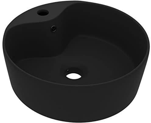 Waschbecken Rund 36 x 13 cm Keramik Waschtisch Waschplatz Handwaschbecken Aufsatzwaschbecken Waschschale Aufsatzwaschtisch mit Hahnloch und Überlauf, Matt-Schwarz