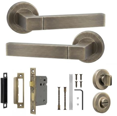 Decoranddecor Antique Brass Door Handles Internal with Bathroom Lock | Bathroom Door Handles with Lock, Internal Door Handles, Interior Door Handles, Handle Set, Indoor Door Handles, Lever on Rose