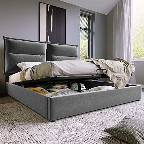 BTM Doppelbett 140x200cm mit Hydraulik-Stauraum & verstellbarem Kopfteil Modernes Polsterbett in Samtoptik Metallrahmen mit Kiefernholz-Lattenrost Schwarz/Grau