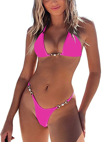 TASHEHE Women's Triangle Thong Bikini Set Sexy String Brazillian Two Piece Swimsuit Cute Bikini Bathing Suit - Rose Red - Small