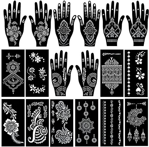 PADOUN 18 Sheets Henna Tattoo Stencils Kits, 10-Sheet Henna Stencils for Hand Forearm Glitter Airbrush DIY And 8-Sheet Temporary Tattoo Templates Henna Stencils for Hands Reusable