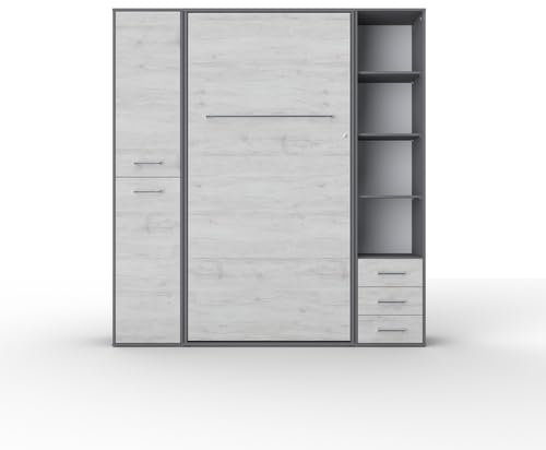 MAXIMAHOUSE Schrankbett vertikal Invento LED 90V (90x200) mit 2 praktischen Regalen, Teenager-Zimmer Jugendzimmer, gasdruckfeder Wandklappbett mit Lattenrost aus Holz