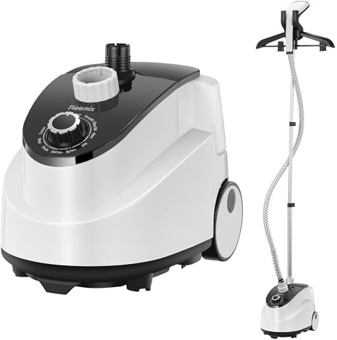 Vaporizador profesional para ropa, reemix de pie con colgador de ropa, calienta en 30 segundos, tanque de agua desmontable grande para 1 hora de vapor continuo, incluye cepillo para polvo de tela,