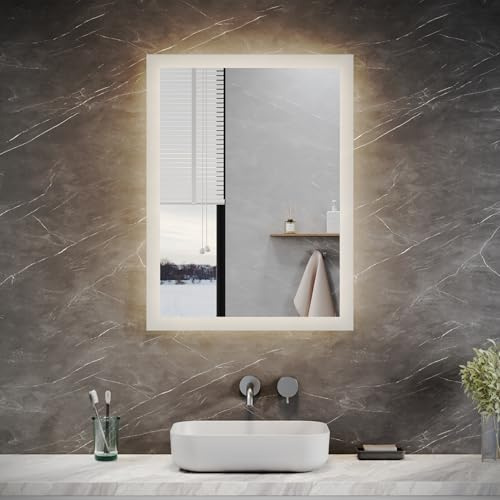 SUNXURY Badspiegel 50 x 70cm Badspiegel mit Beleuchtung WandSchalter Lichtspiegel Badezimmerspiegel 4000K warmweiß IP44 Energiesparend
