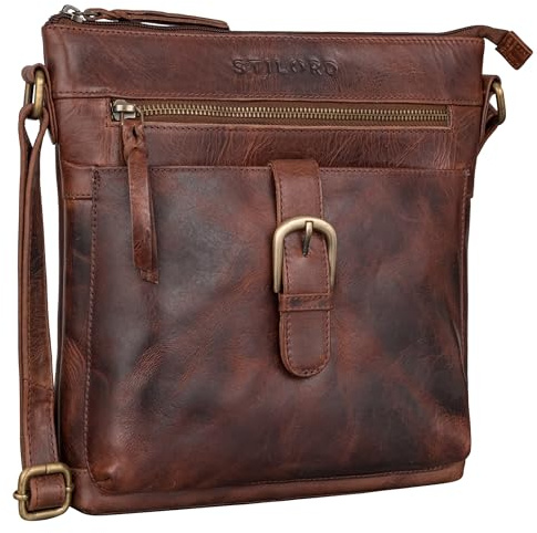 STILORD Theodora Vintage Leder Handtasche Damen klein Frauen Umhängetasche Schultertasche für Freizeit Shopping Abend Ledertasche Echtleder Farbe:Porto - Cognac