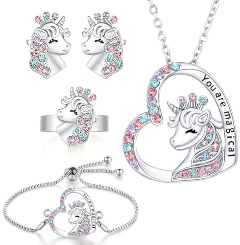 OSDUE Bijoux Argent Licorne Ensemble, Petites Filles