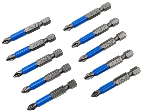 XMHF Lot de 10 embouts de tournevis cruciformes PH2 courts antidérapants avec tige hexagonale de 6,35 mm, longueur 50 mm, en acier S2 avec pointe magnétique pour tournevis électrique, perceuse,