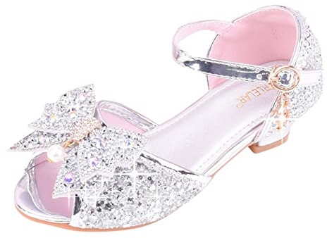 UnoSheng Scarpe da donna eleganti scarpe per bambini con sandali lucidi scarpe da principessa arco tacchi alti mostrano scarpe da principessa scarpe da ginnastica per bambini, argento, 35 EU