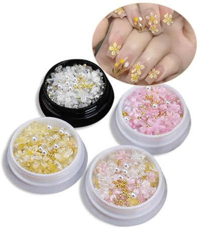 4 Boîtes fleur ongles Nail Art Charms Décoration 3D pour nail art, 4 Styles ongles décoration fleur ongles accessoires DIY Accessoires Décorations ongles fleuries 4 styles
