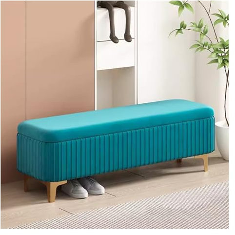 WIGSELBL Samt-Aufbewahrungsbank, Flur, Ottomane, gepolsterter Eingangsbereich, Aufbewahrung, Ottomane, Fußhocker mit goldfarbenen Beinen, Luxus-Schuhbank, Bettbank für Zuhause (Blau, 40 cm)