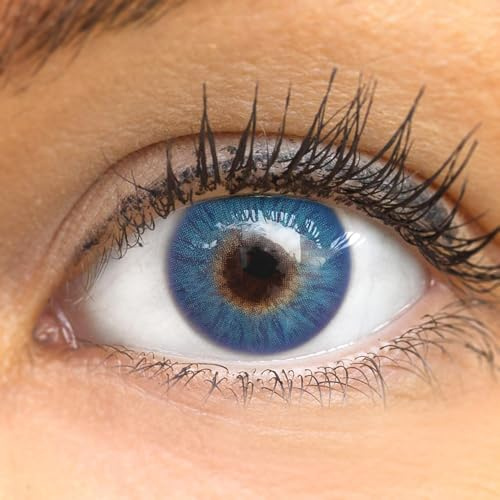 GLAMLENS lentilles de couleur blu naturelles colorées très haute opacité (Catania N Blue) + étuis à lentilles de contact 1 paire (2 pièces) 90 Jours sans correction 0,00 Dioptries