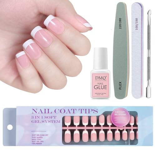 DMQ French False Nails, 300Pcs Square Press On Nails Short, Nude Pink Color X-coat Tips Fake Nails with Glue, Full Cover Glue on Nails for Women French White Tip Nail Art - 15 Sizes