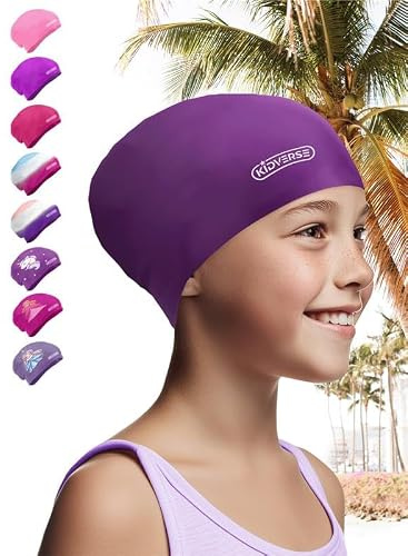 KIDVERSE Badekappe Kinder Lange Haare - Schwimmhaube Kinder mit Anti-Rutsch-Noppen - Badekappen für Schwimmer mit UV Schutz - Badehauben für Lange & voluminöse Haare