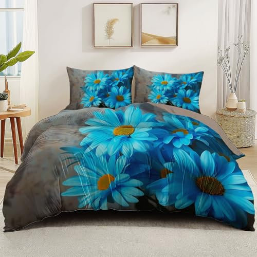 Funda de edredón Planta Crisantemo Azul Suave y Acogedor Microfibra Juego de Gris Claro Reversible Crema fácil Cuidado Juego de Funda Edredon 200 x 205 cm