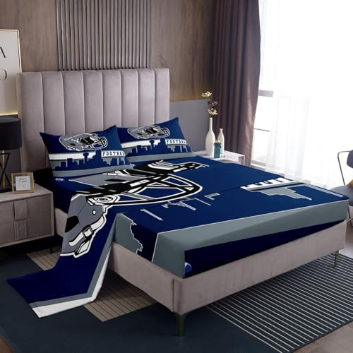 Erosebridal Personalized Football City Bed Sheets Set Queen Football Sheet Set for Boys Girls Blue Rugby Game Sheets Ball Fans Sports Ball Competition Top Sheet