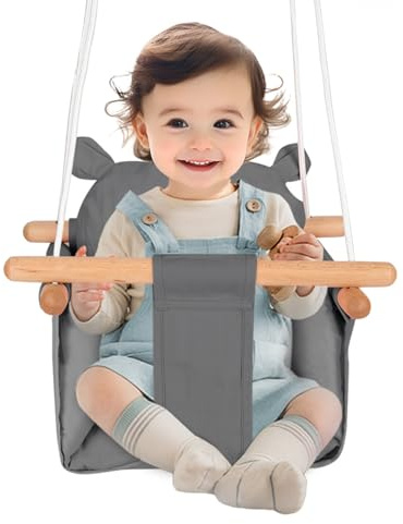 Schaukel aus Holz für Babys, Schaukel für Kinder, Bär, ab 6 Monaten, Installation innen/außen, maximale Belastung 25 kg (grau)