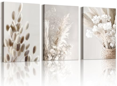 WENGTIAO 3 Pièces Beige Florale Tableau Decoration Murale Encadré Toile Peinture Esthétique Moderne Boho Minimaliste Fleurs Decoration Murale Salon Maison Deco Chambre 30x40cmx3