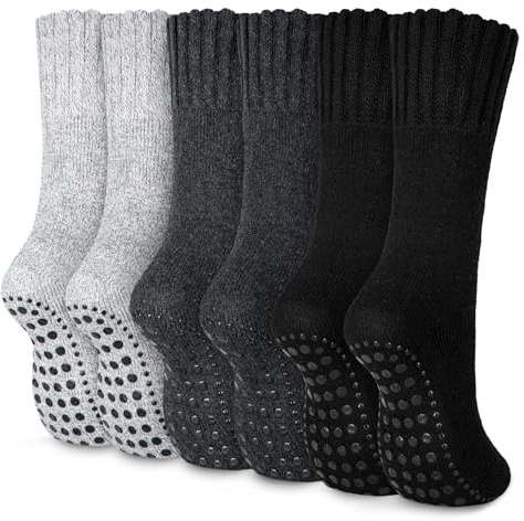 3 Pairs Merino Wool Mens Slipper Socks with Grippers Comfy Bed Socks Winter Warm Non-Slip Calf Socks